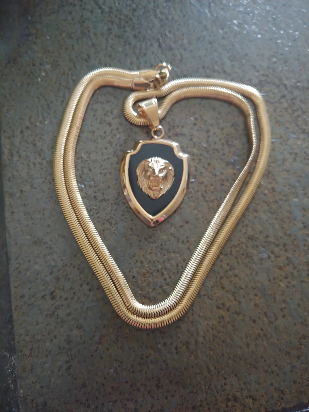Gold Lion Shield 3D Pendant Necklace - Black Enamel